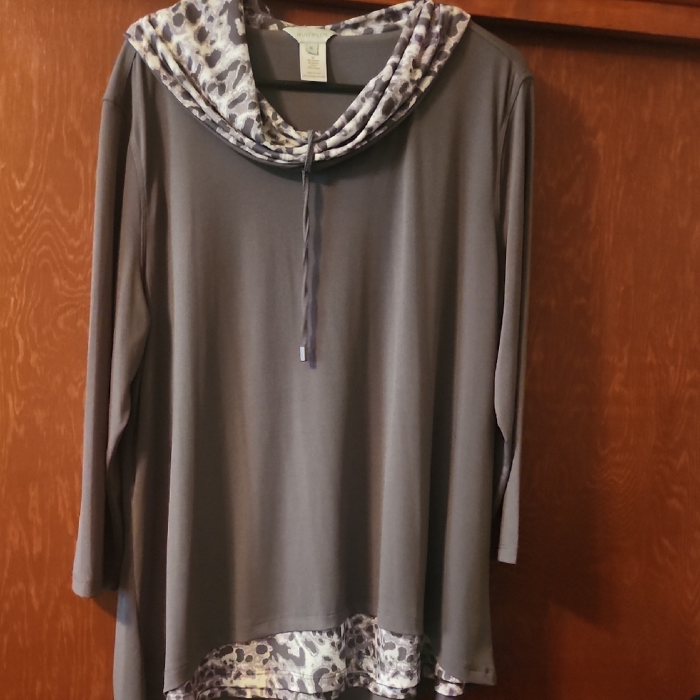 Gray Long Sleeve Top with Patterned Cowl Neck